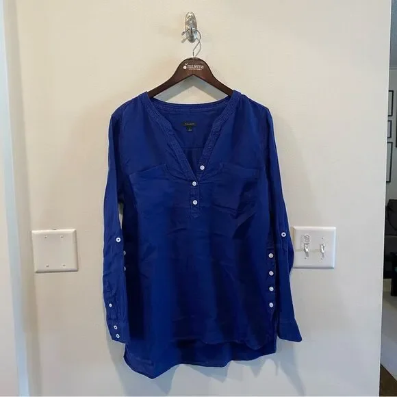 Talbots side button linen band collar popover large 100% linen tunic blouse top - Picture 2 of 14